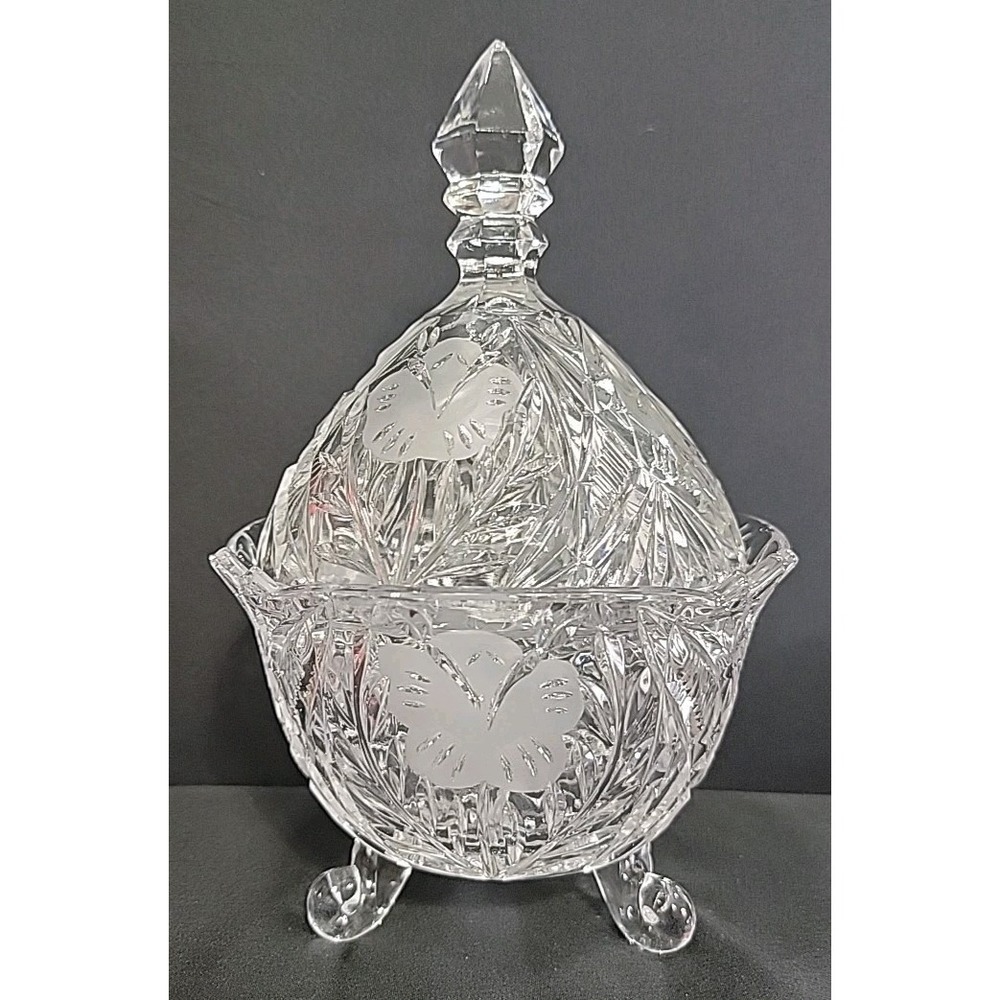 Vintage Lead Crystal Footed Candy/Nut Dish With Lid, 9" Tall, Cut/Etched